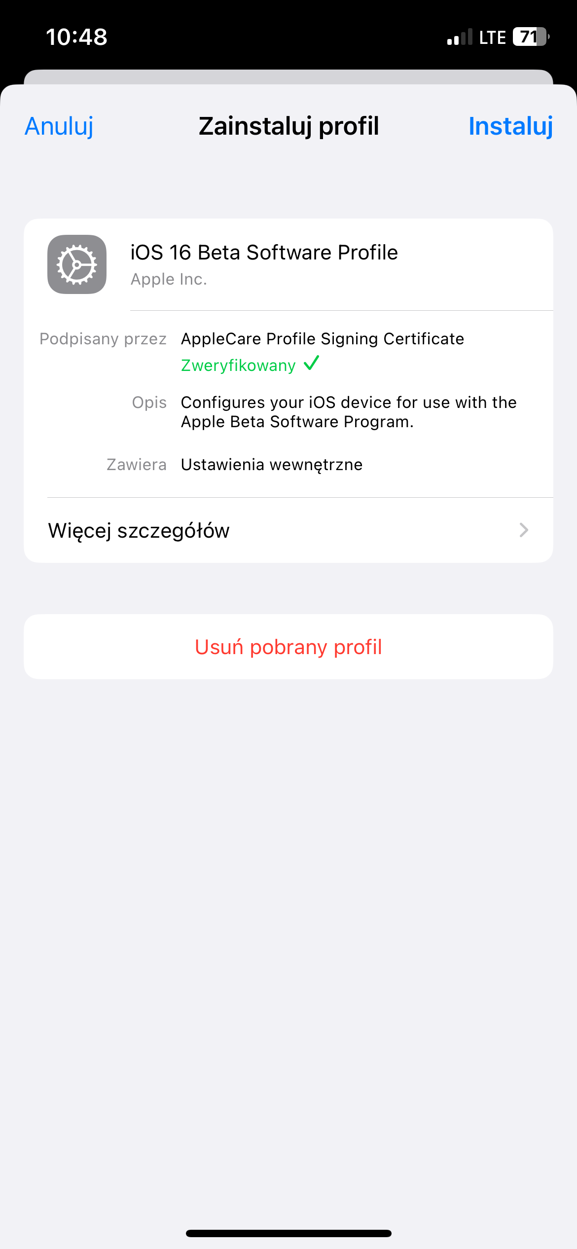 iOS 17 instalacja profilu 