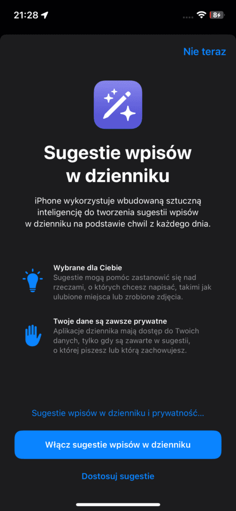 Aplikacja Dziennik w iOS 17.2 - 2